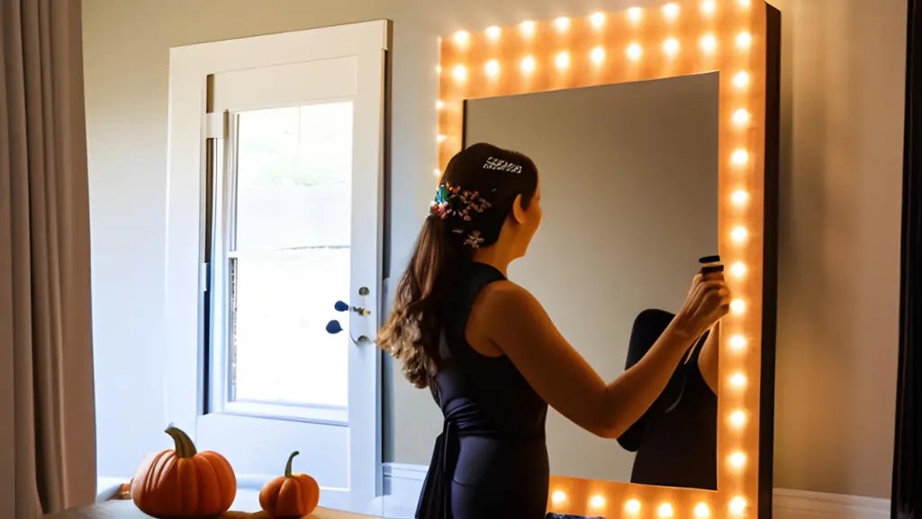 A person standing in front of a mirror, wearing their homemade costume and making final adjustments to ensure the perfect fit.