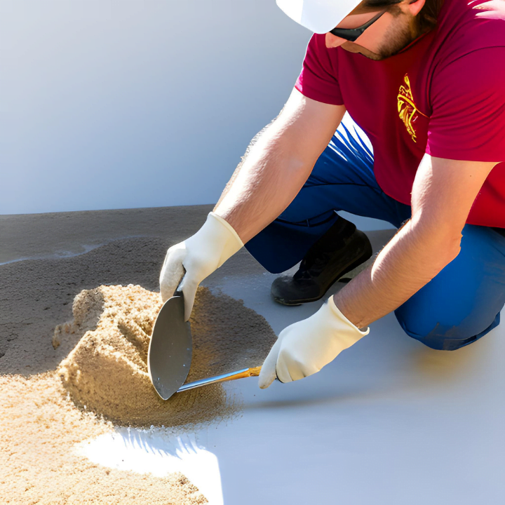 The mason diligently brushes away the remnants of dried mortar from the trowel, keeping it pristine and ready for future projects.